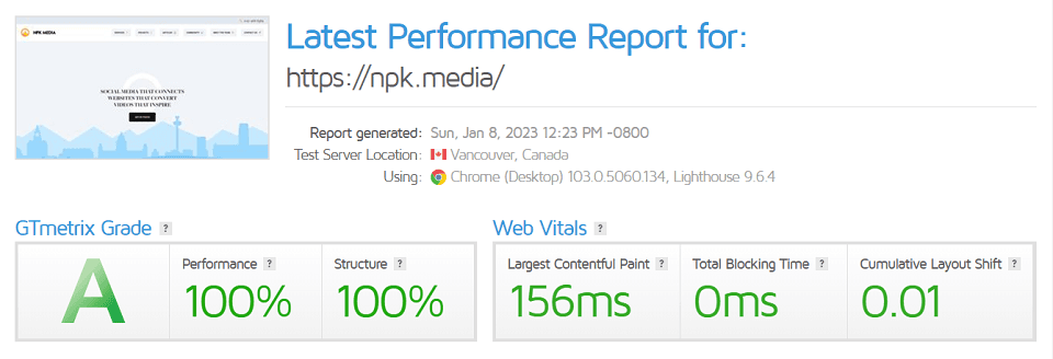 Web design liverpool service showing website speed and performance of our own website