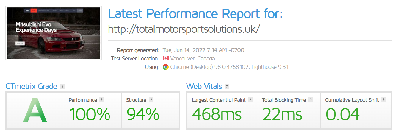 Web design liverpool service showing website speed and performance of our service for a client