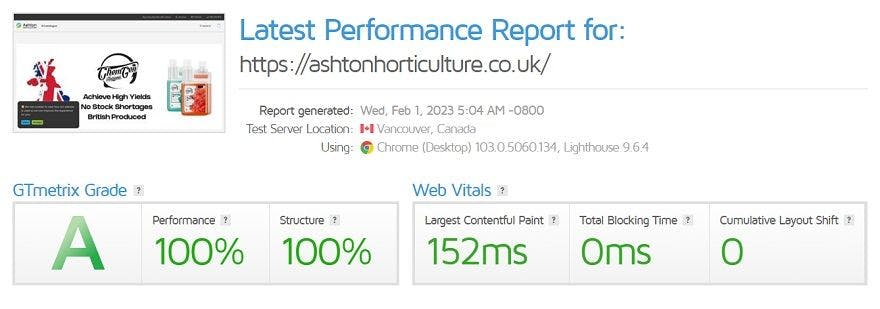 Web design liverpool service showing website speed and performance of our service for a client