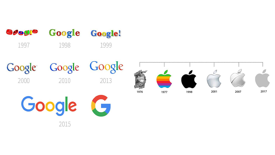 Google and Apple logos over time show a trend from complexity to simplicity.