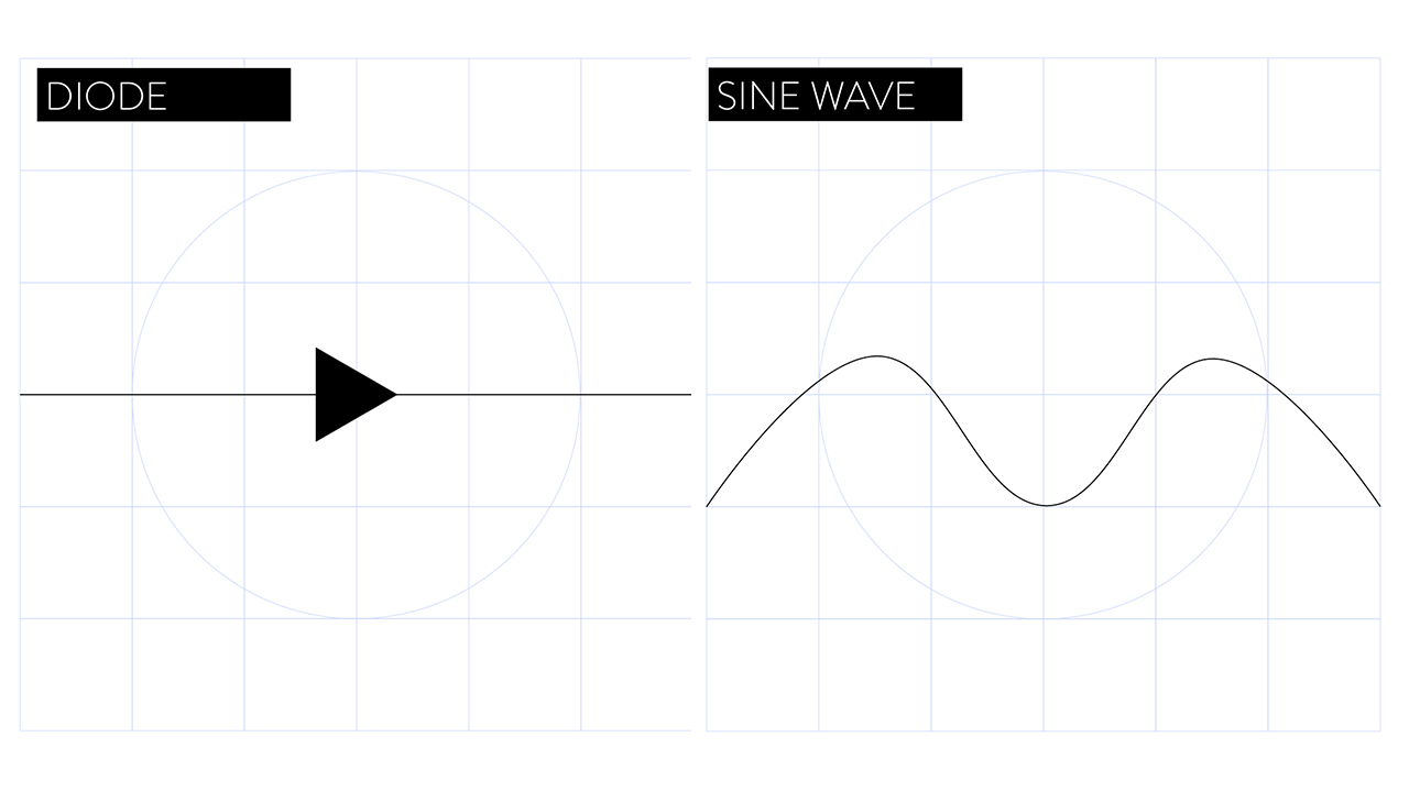 showing development of new NPK Media logo, a technical drawing of a diode in a circuit and a sine wave to represent light and sound respectively